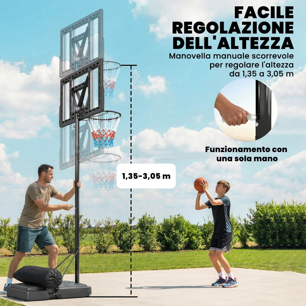 Canestro Basket con Altezza Regolabile 1.3-3 m. Base Riempibile e Ruote. Nero