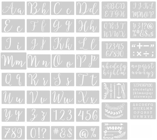 Serie di 45 stampe - Lettere di calligrafia riciclabili - Stencil per l'arte - Esigenze di pittura/gravure - Materiale PET premium - Duraturo e solido - Stencil lettere