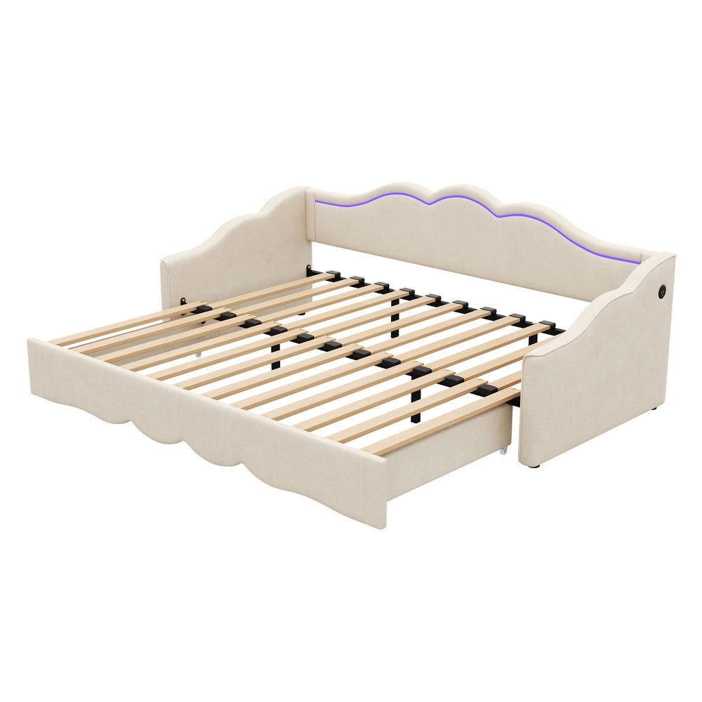 Letto a giorno - Zephmum-90x200 cm, estendibile a 180 cm, LED, USB, velluto beige