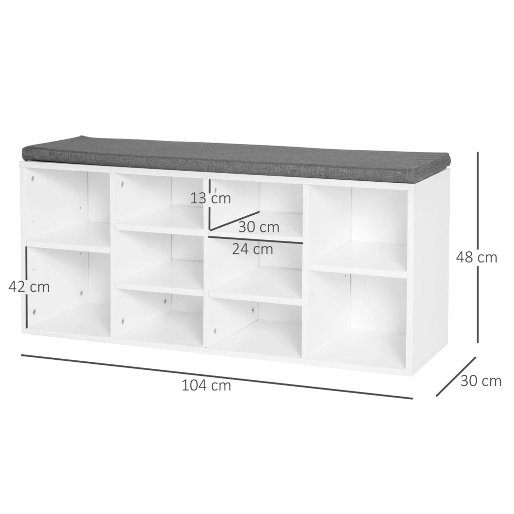 Scarpiera Panchina 8-10 Paia di Scarpe Ripiani Regolabili, Legno, Bianco, 104 x 30 x 48 cm