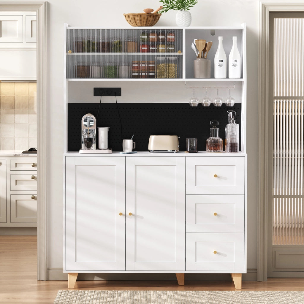 Armadio da cucina con prese e pannello forato - Zephmum -  Bianco - Ripiani per vino e cassetti