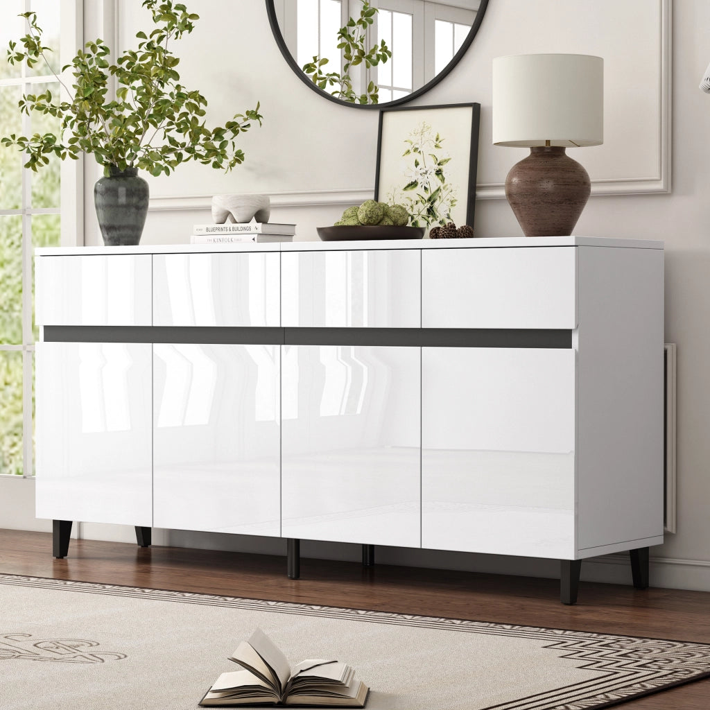 Sideboard bianco lucido con 4 cassetti, 2 ante e ripiani regolabili, 160 x 40 x 68 cm