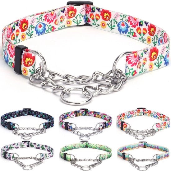 Collare per Cane a Martingale - Catena in Acciaio Inossidabile - Anti-Strappo - Collare per Addestramento - Disegno di Fiori - Adatto a Cani di Grande/Media/Piccola Taglia