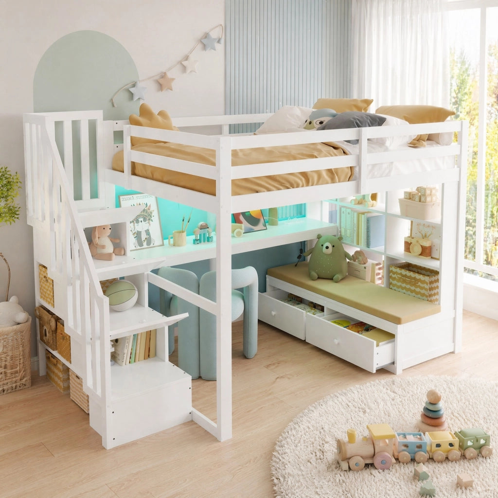 Letto a castello 140x200 cm con scrivania; scaffali; cassetti e scale contenitore; bianco