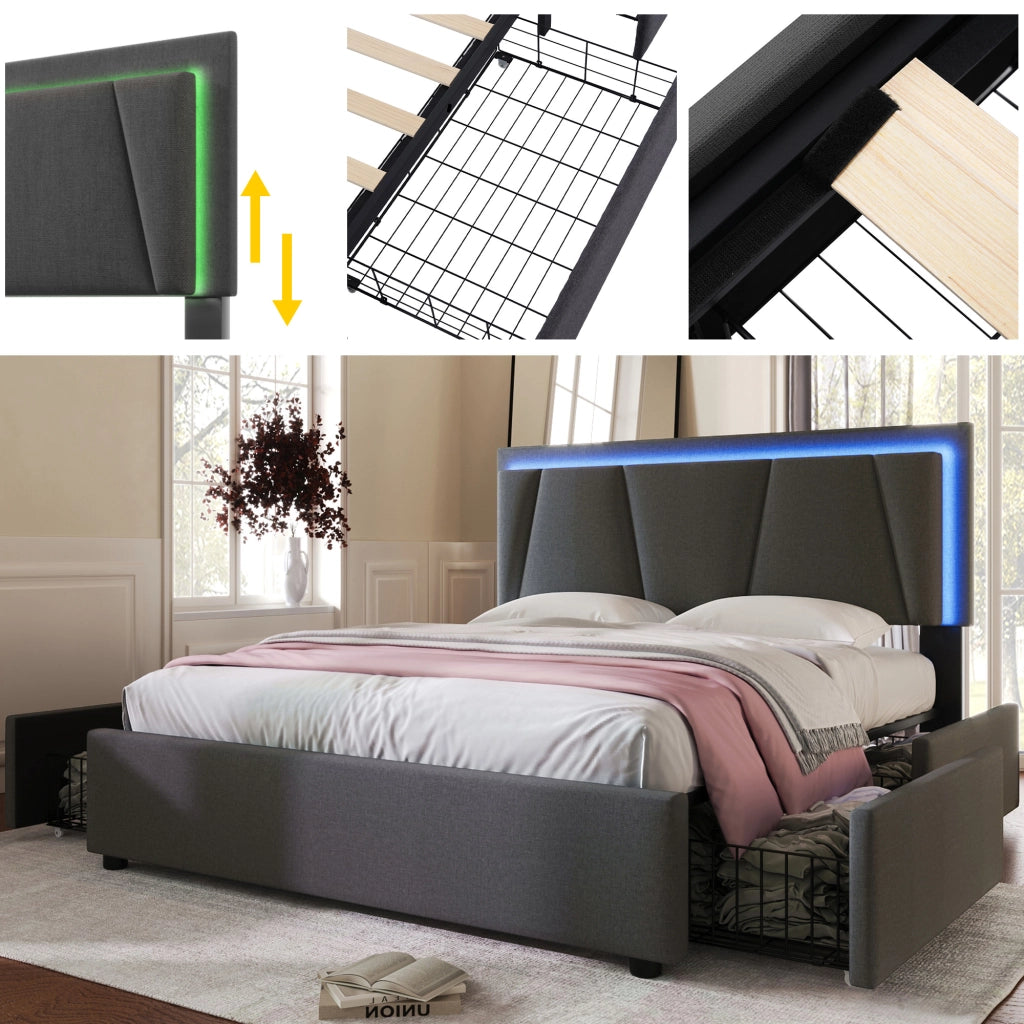LETTO imbottito 160x200 cm grigio con testiera regolabile, LED e 4 cassetti