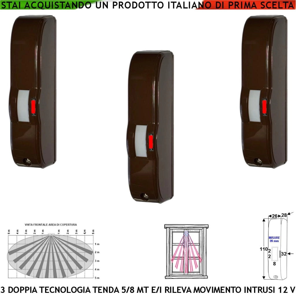 Doppia Tecnologia Tenda Tre Sensori di Movimento Marrone Portata 5 MT Antifurto Rileva Intrusi Vano Finestra Esterno Protetto Ingresso Interno Invia Allarme Aliment. 12 V Assorb. 10 mA Cover ABS IP44