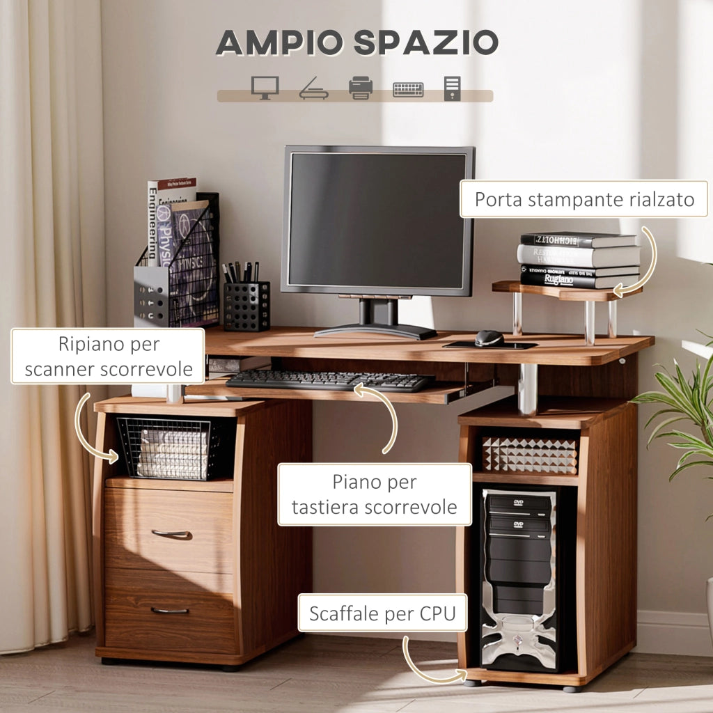 Scrivania per Computer con Cassetti e Libreria ¨C Minimal ¨C Marrone, Legno, 120x55x85cm