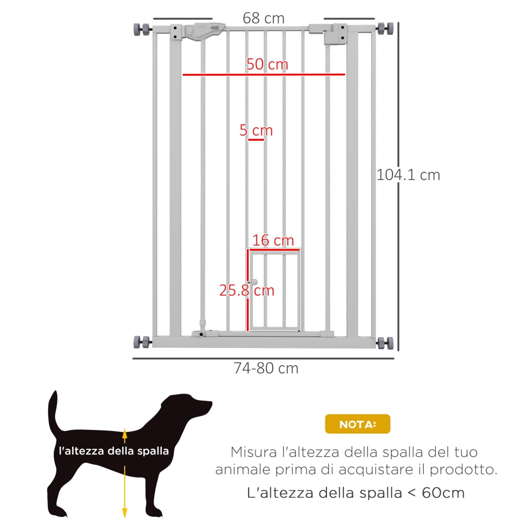 Cancelletto per Cani 74-80x104cm Regolabile Alto con Porta Piccola Bianco