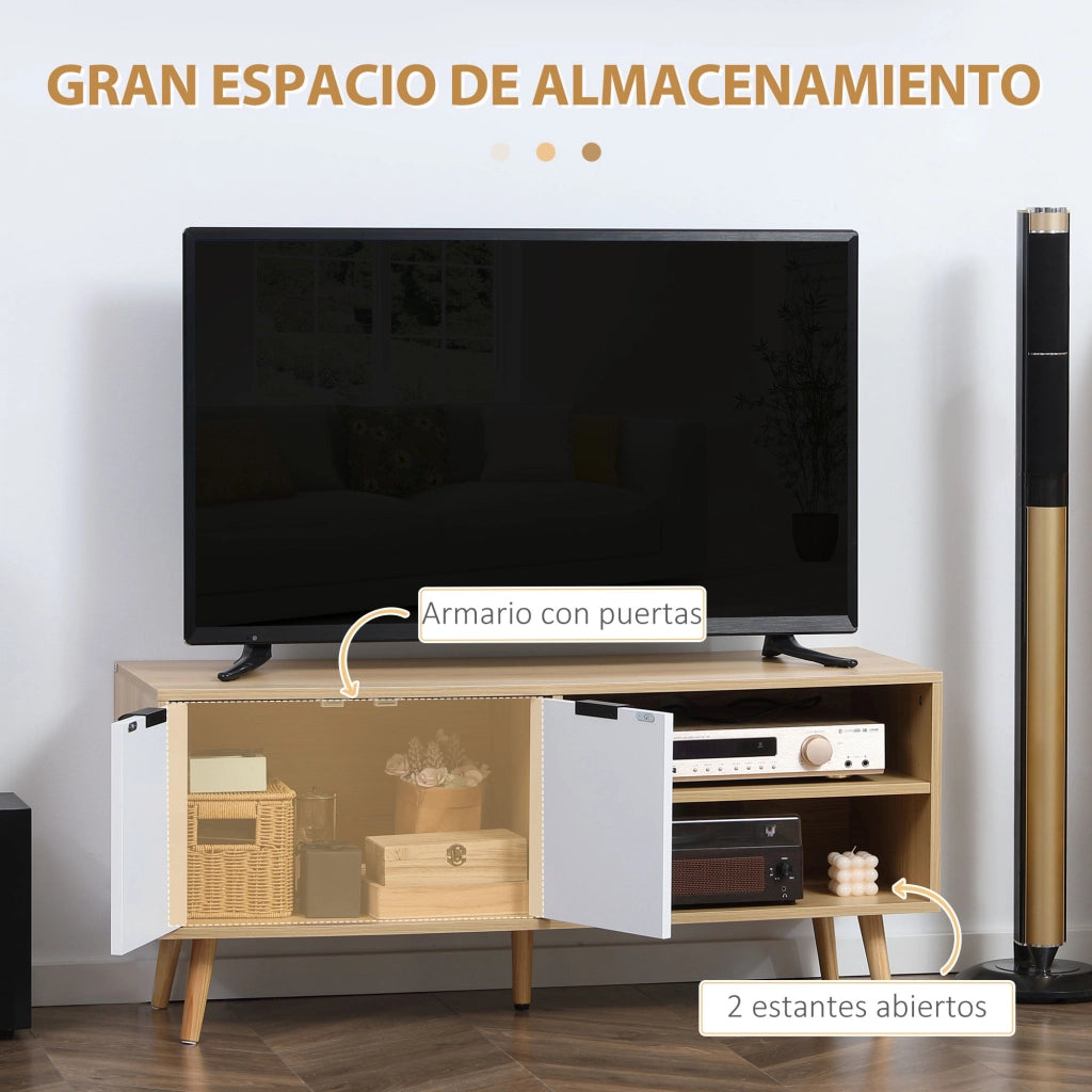 Mobile TV Moderno con Ante e Ripiani per Televisori fino a 46' ¨C zephmum ¨C Legno Multistrato Bianco e Naturale 110x39x48,8 cm
