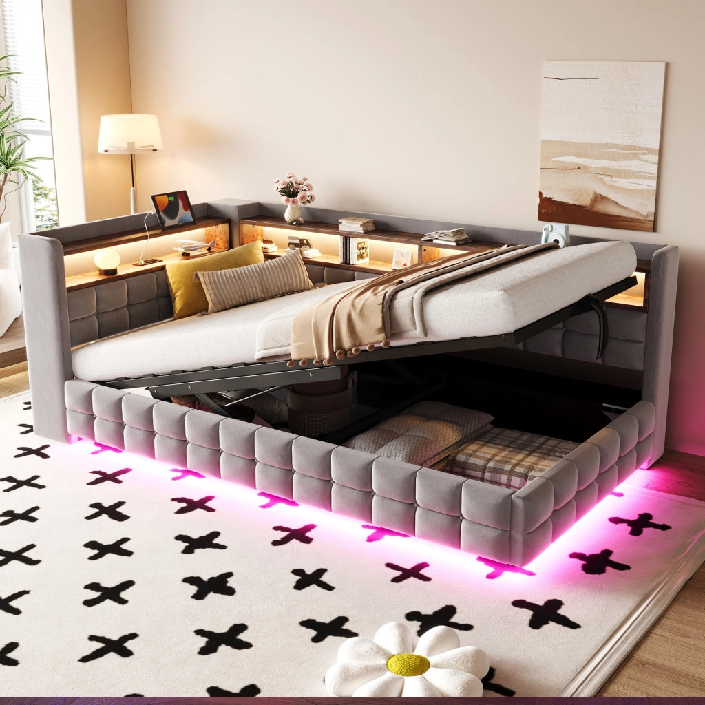 LETTO Contenitore 90x200 cm in velluto grigio chiaro con LED e prese USB/Type-C