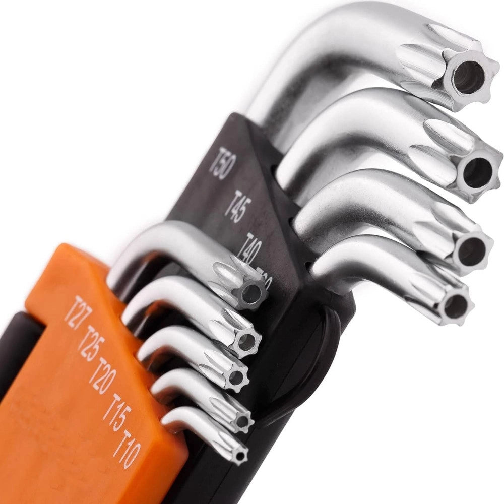 Trade Shop - Set Kit 9 Chiavini Torx Forati T10-t50 Angolate Stella Brugola Chromo Vanadio -