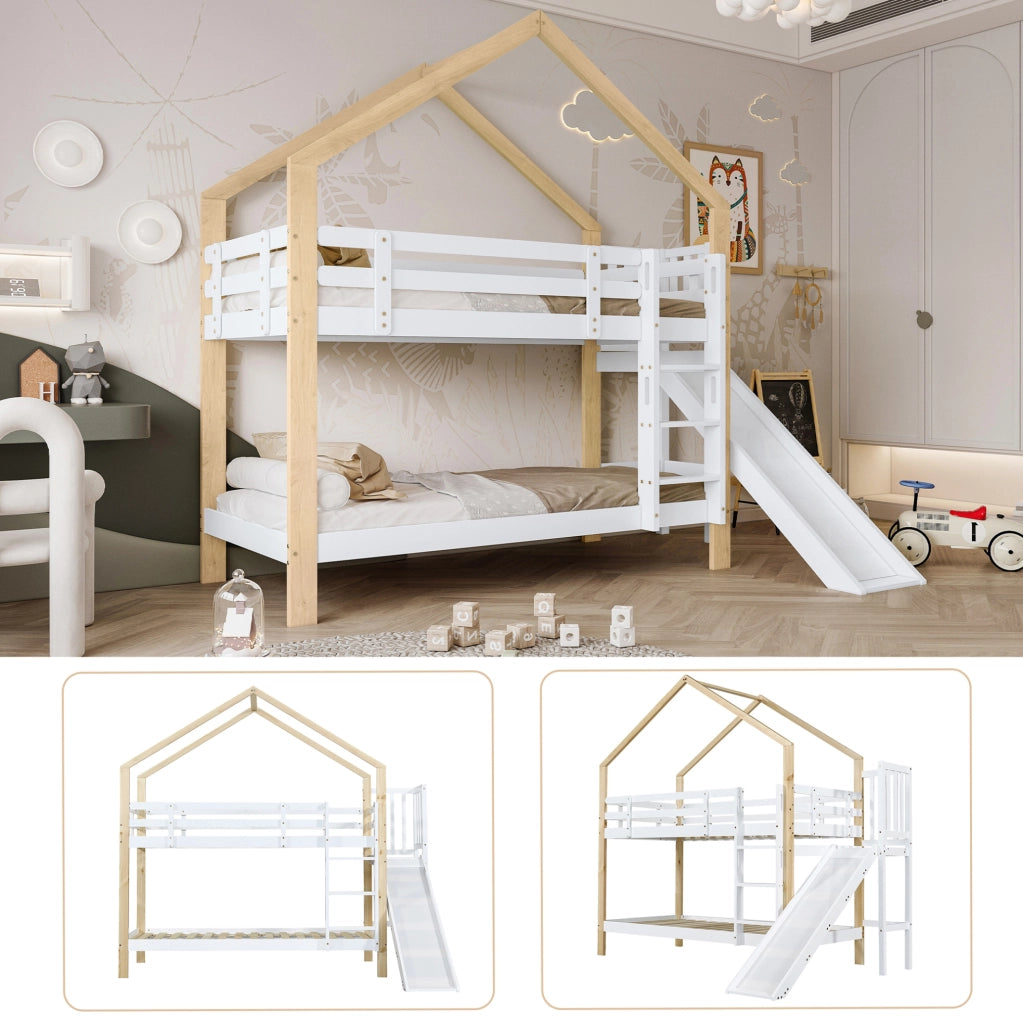 Letto a castello a forma di casa con scivolo e scala sicura