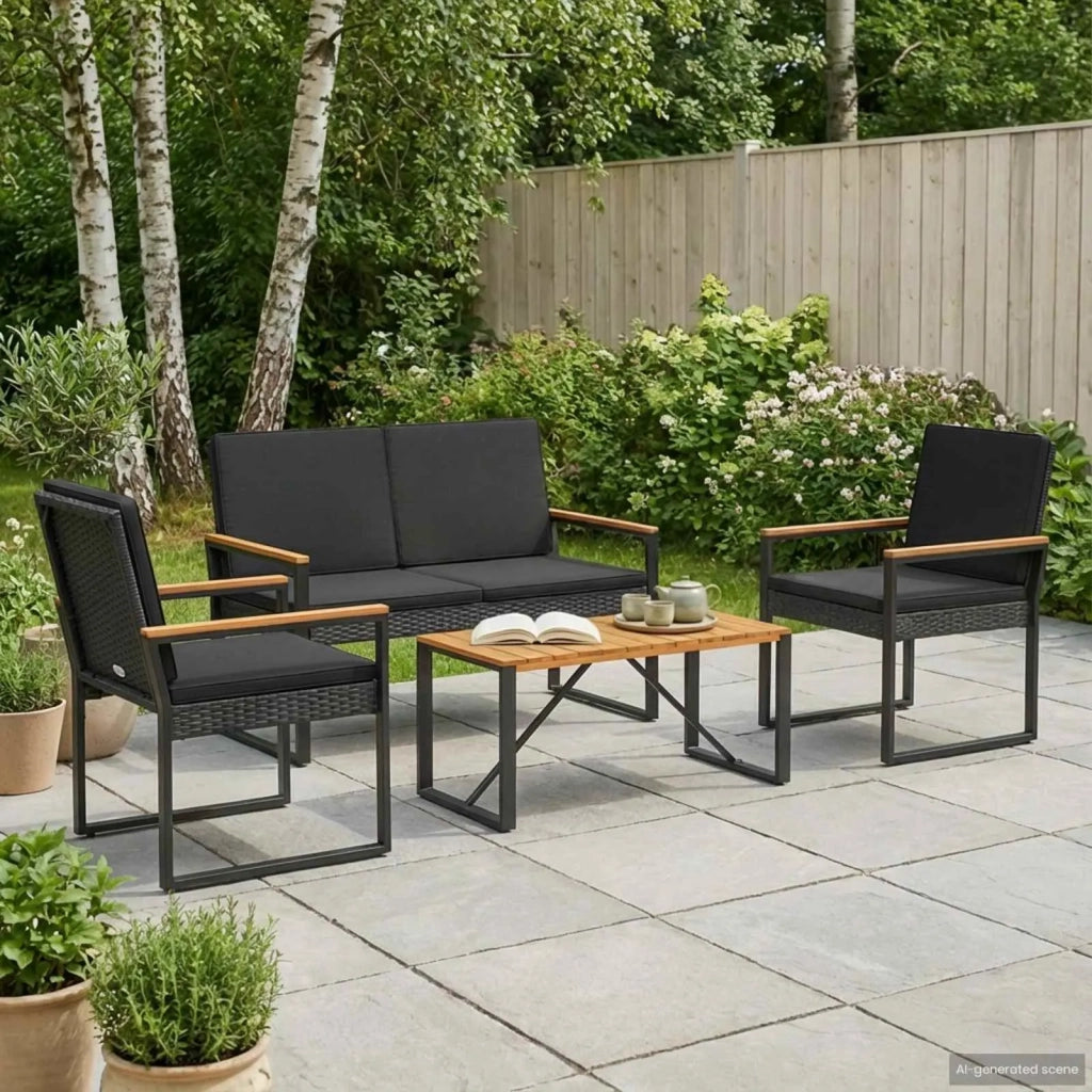 Set Mobili da Esterno con cuscino 4 pz | Set Salotto da Giardino Nero polyrattan