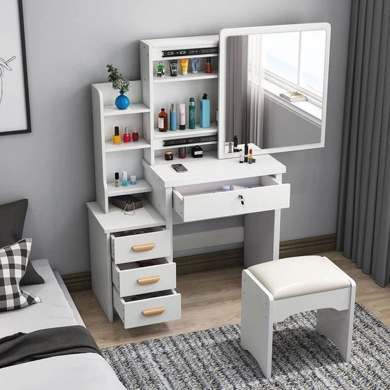 Scrivania di trucco moderna con specchio, 4 cassetti e 3 ripiani aperti per donne