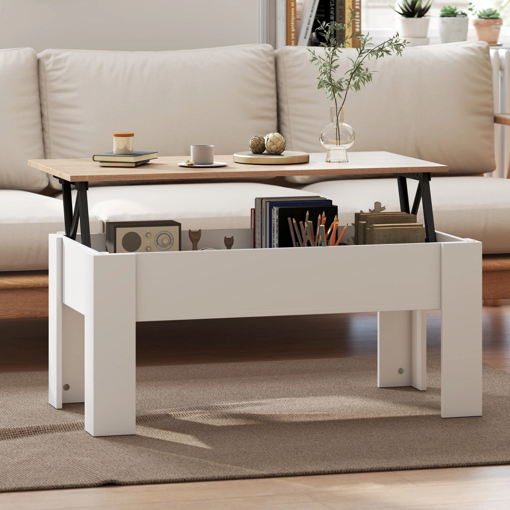 Tavolino da caff¨¨ con piano elevabile e vano contenitore ¨C Xylo ¨C Bianco e legno naturale 100x50cm