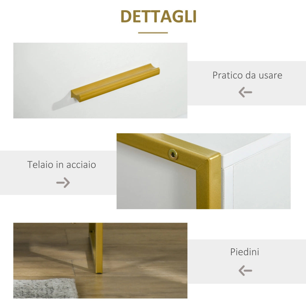 Comodini Moderni con Cassetto ¨C Minimal ¨C Bianco e Oro, MDF e Acciaio, 45x40x60cm