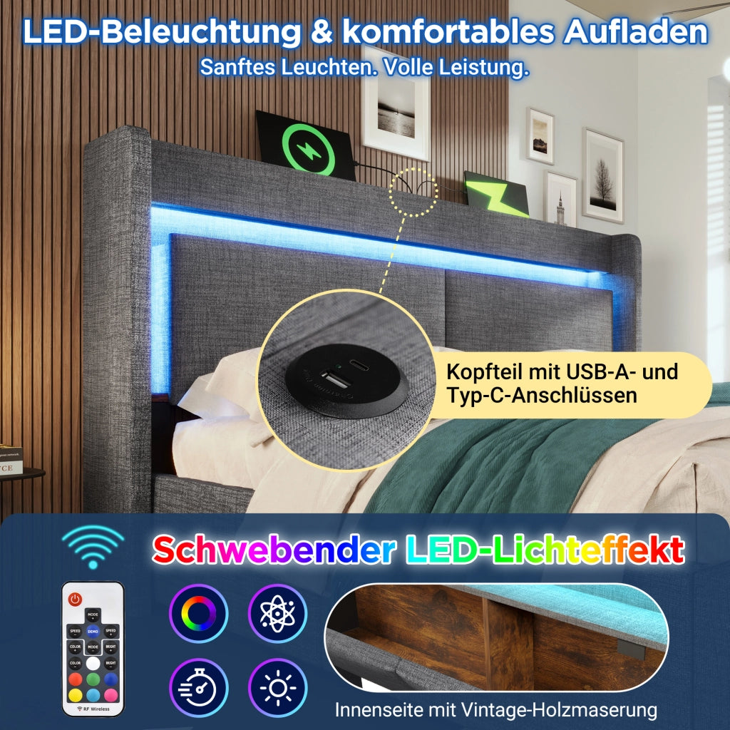 LETTO Contenitore idraulico 140x200 cm Lino Grigio con LED e USB-C