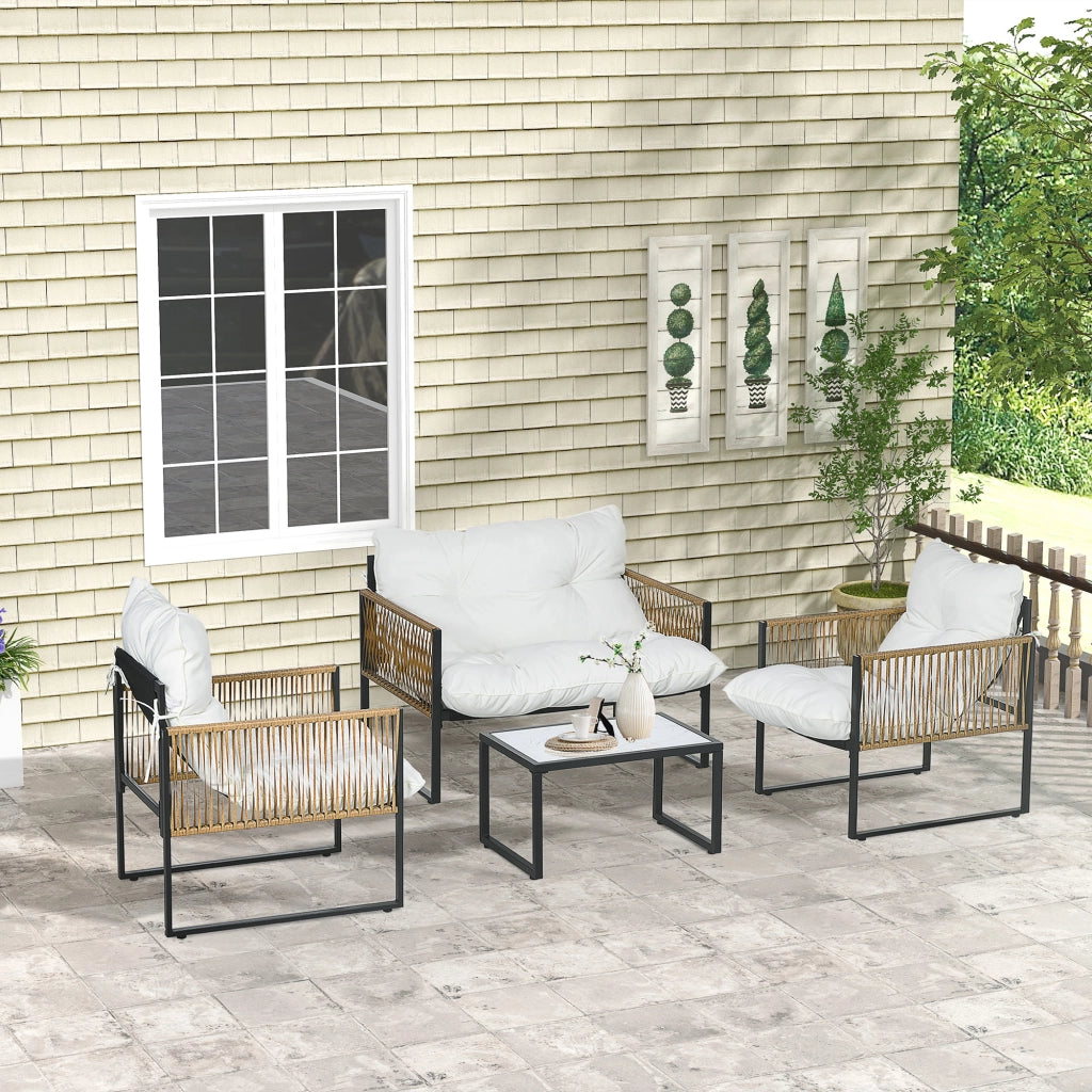 Set Giardino Esterno con 2 Poltrone, Divano 2 Posti, Tavolino e Cuscini ¨C Minimal ¨C Polyrattan, Crema