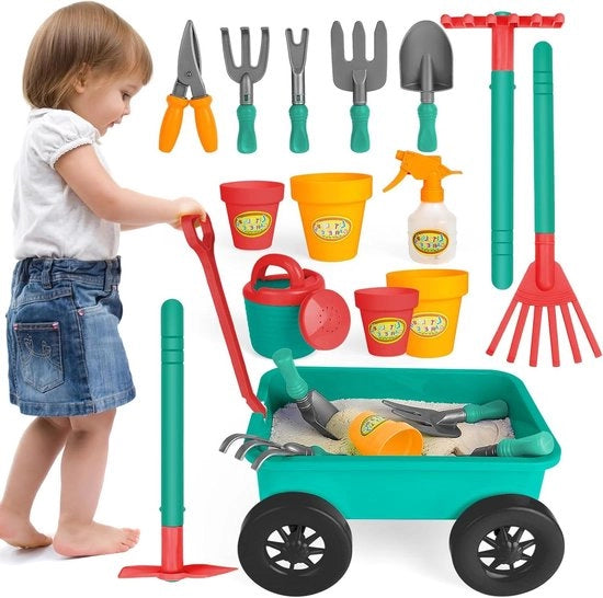 Set di giardinaggio per bambini con carrello, vanga, rastrello, vasi fiorali, secchio e altro - 14 pezzi di attrezzo da giardino per giocare all'aperto e sabbia - Adatto da 3 a 7 anni