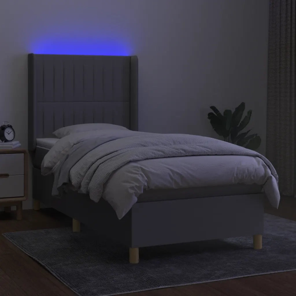 Letto singolo | Letto per adulti | Letto a Molle Materasso e LED Grigio Chiaro 90x190 cm Tessuto