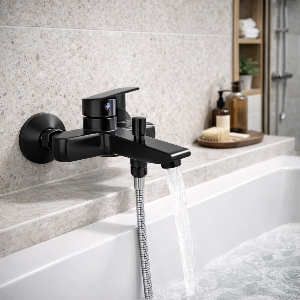 Rubinetto Miscelatore Vasca Bagno Nero Opaco da Parete + Deviatore Doccia 94009
