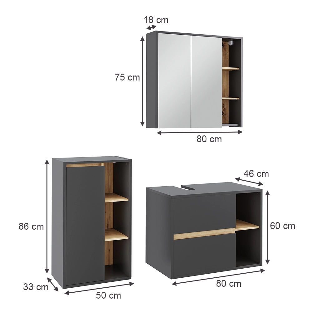 Set di mobili per il bagno Viola Grigio/Rovere artigianale 3 parti Vicco