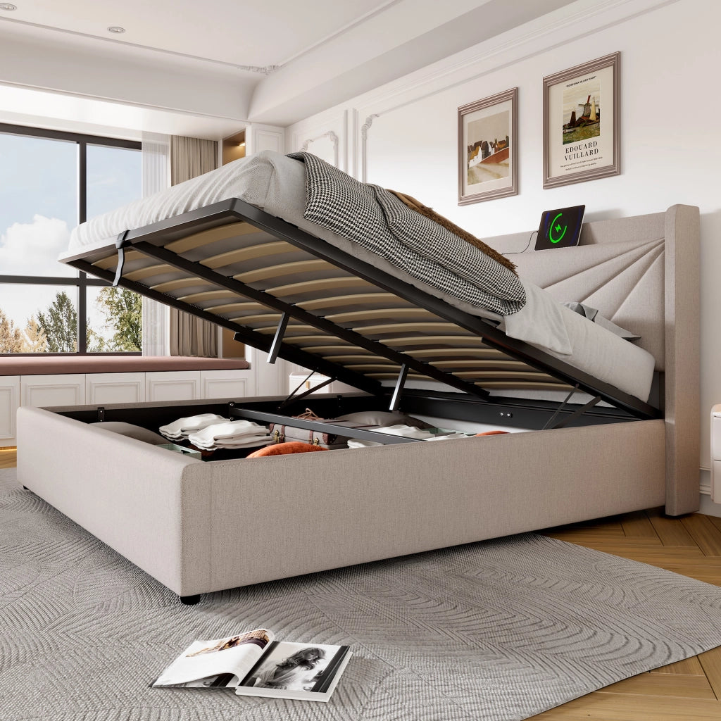 LETTO matrimoniale contenitore 180x200 cm beige in cotone lino con USB Type-C