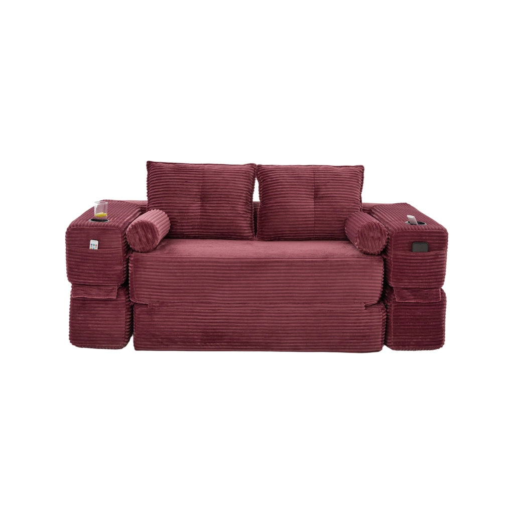Divano Letto 2 Posti ¨C MINIMAL ¨C Tessuto a Coste, Cuscini Memory, con Tasche e Portabicchieri
