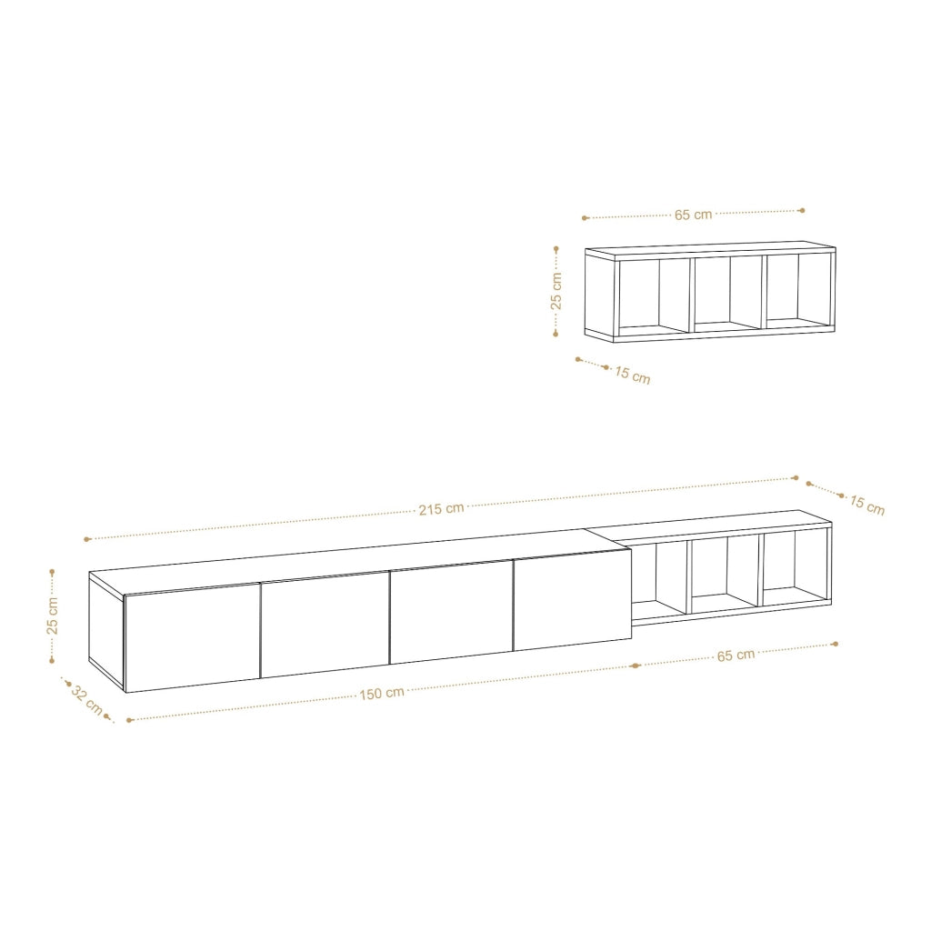 Mobile TV sospeso "Pia" con ripiano in legno - 215 x 32 x 25 cm - Bianco