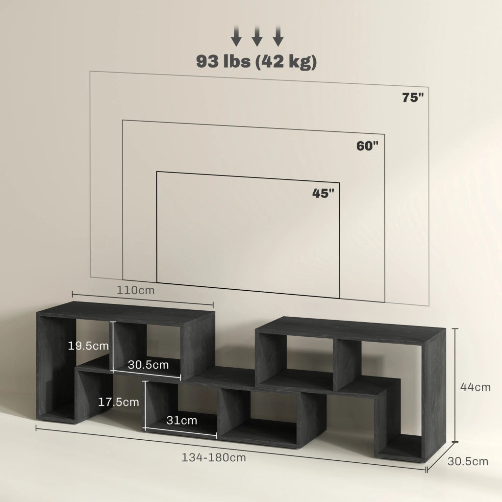 Mobile TV Modulabile 75" Max 134-180x30,5x44 cm con 2 Ripiani a L e Mensola Rettangolare in Legno Nero
