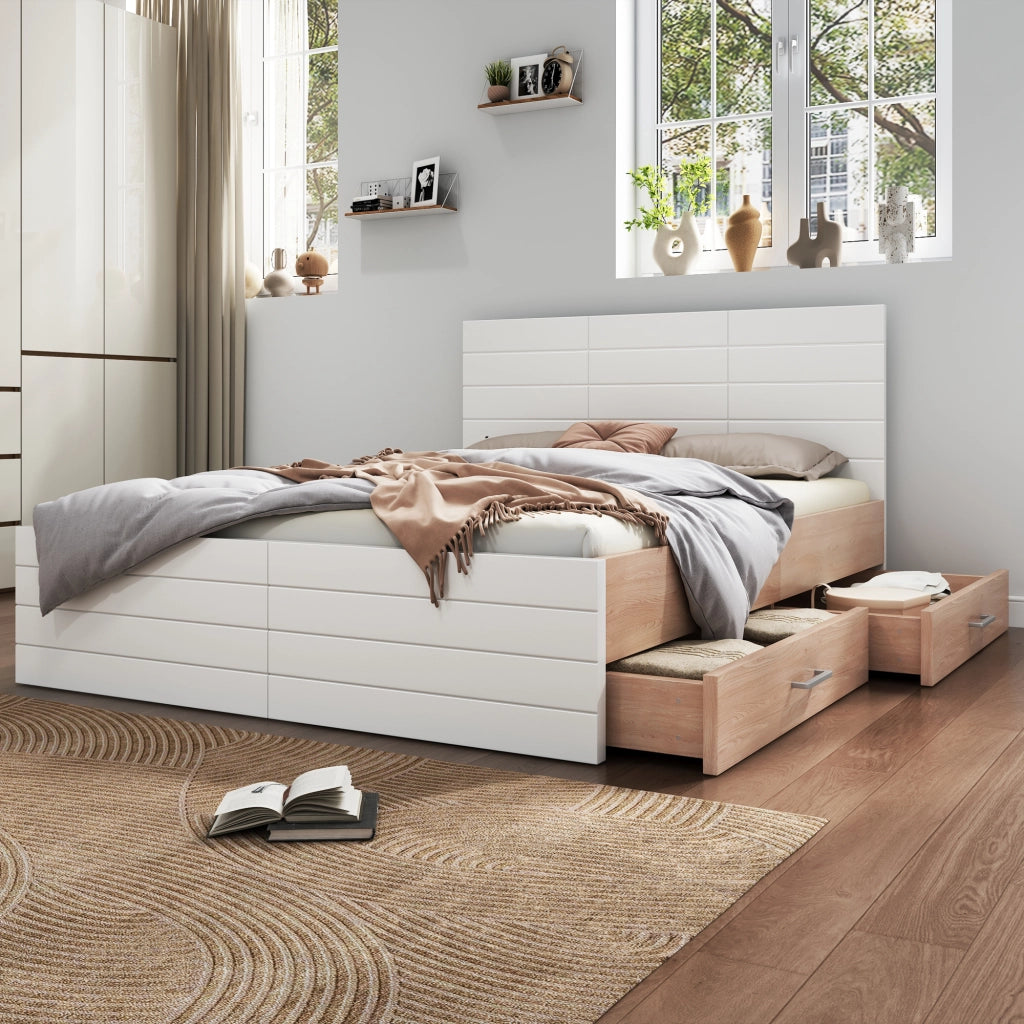 LETTO matrimoniale 140x200 cm con 2 cassetti, bianco e quercia
