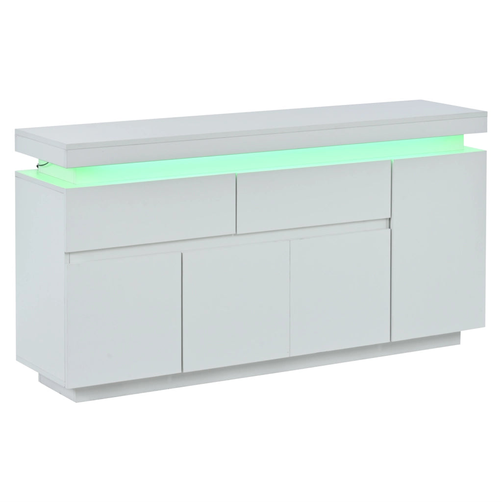Credenza soggiorno 140 x 35 x 72,5 cm con 2 cassetti, 4 ante e illuminazione LED, bianco lucido