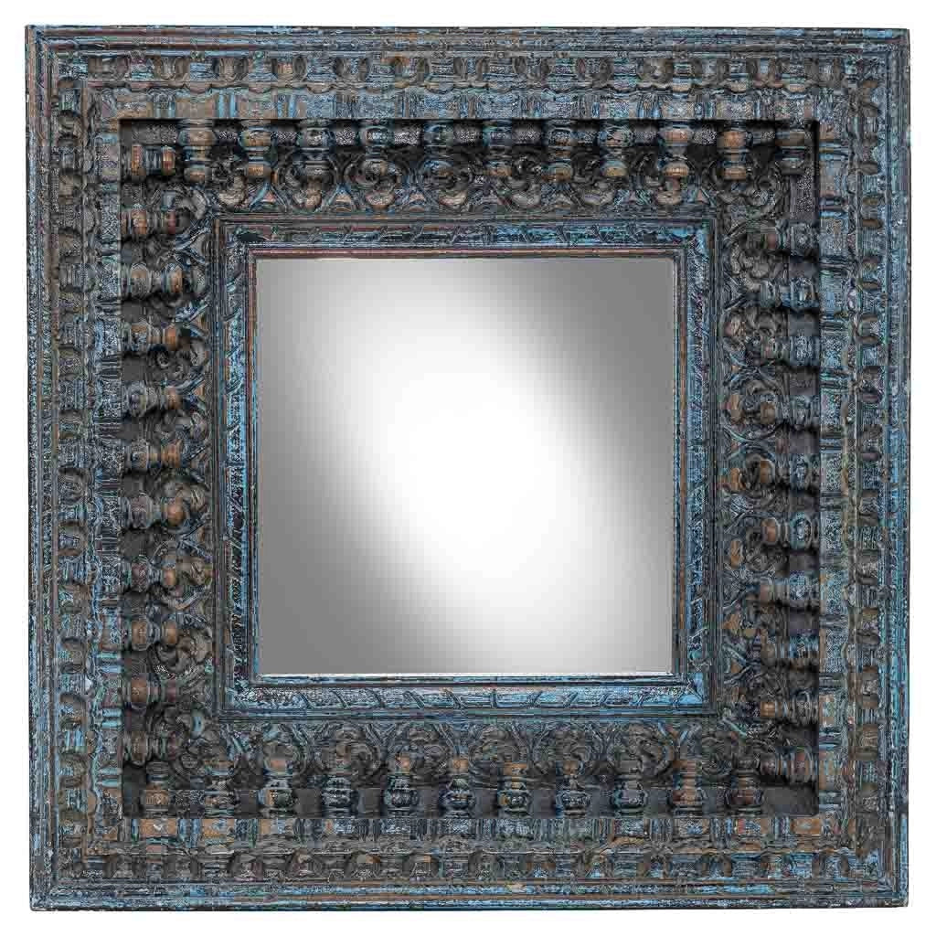 Specchio in legno blu artigianale 60x5x60h cm