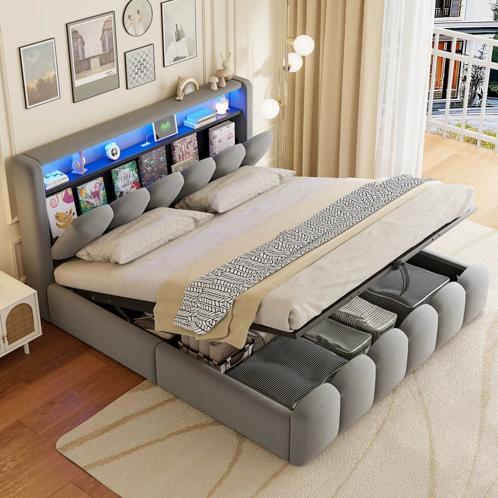 LETTO Contenitore 180x200 cm in velluto grigio con USB, USB-C e LED