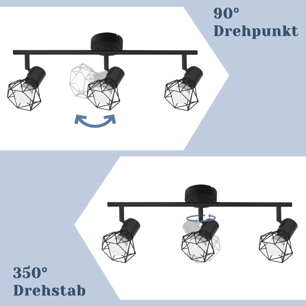 ZMH Faretto da soffitto a LED a 3 luci - lampada da soffitto retrò nera 350°