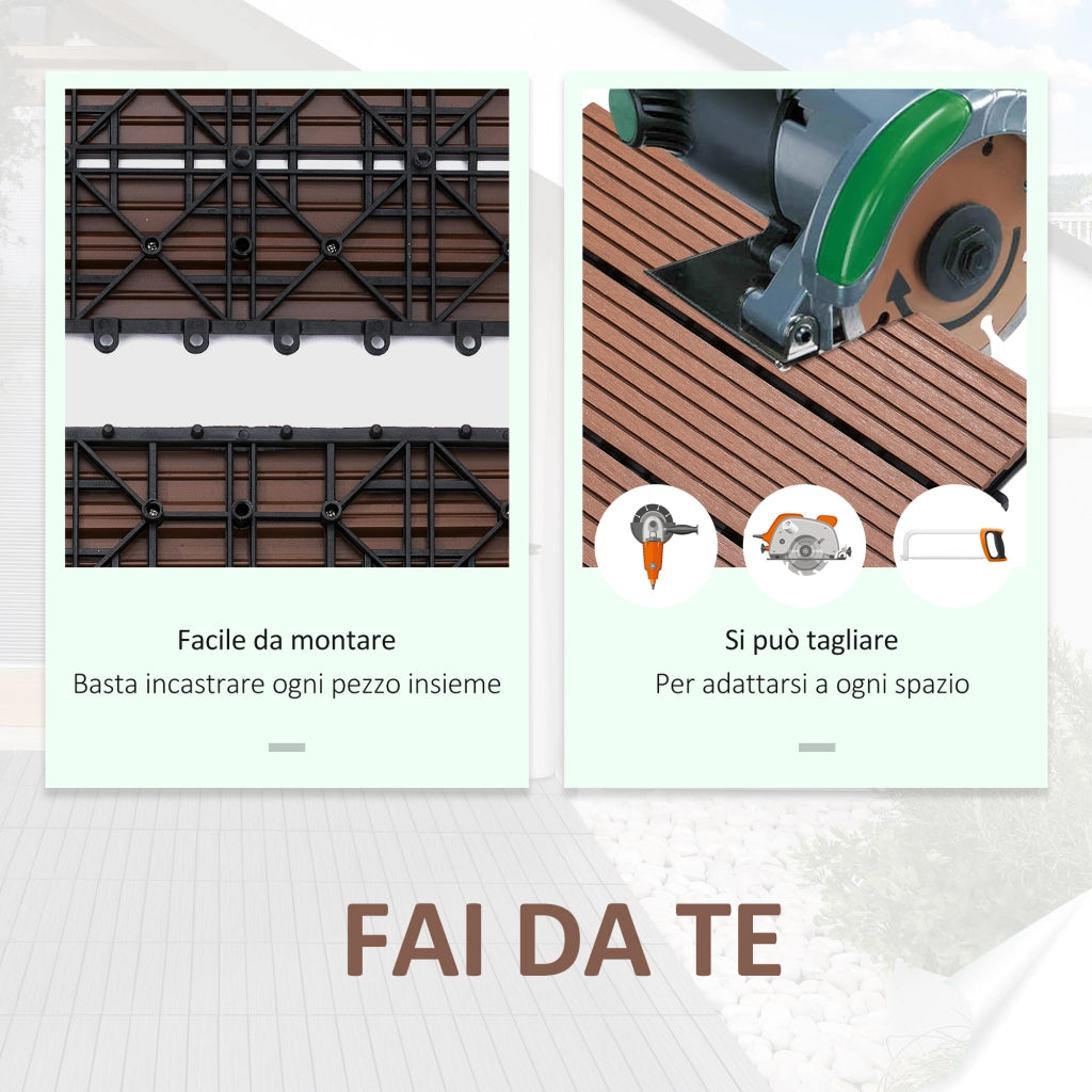 Easycomfort Set 11 Piastrelle per Esterni ad Incastro Antiscivolo in HDPE Riciclato, 30x30x2.2 cm, Marrone