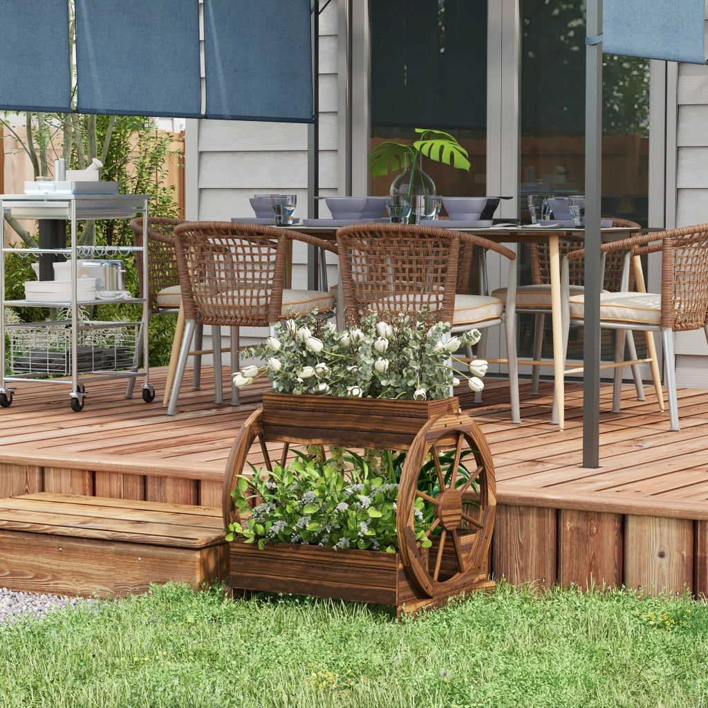 Fioriera a 2 livelli con 3 vasi e ruote in legno per esterno ¨C Zephmum ¨C 64x54x60 cm