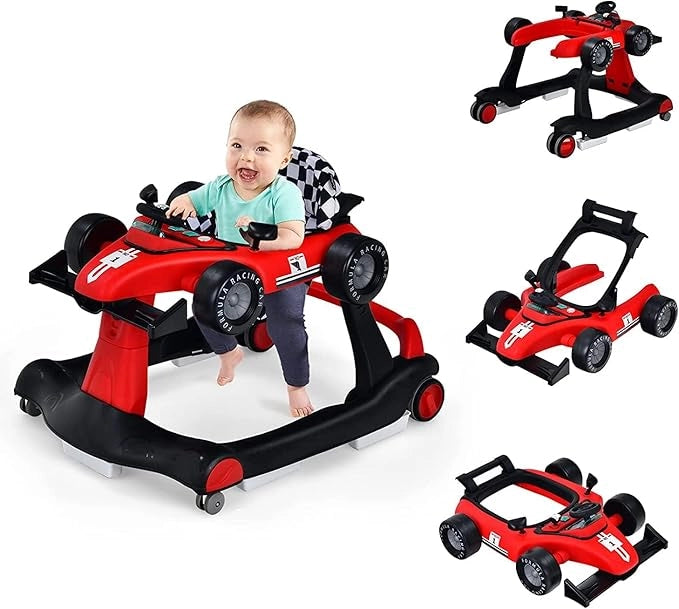 Girello per Bambini 4 in 1, Girello Pieghevole con Altezza e Velocità Regolabili, Carillon con Luci, Volante, Primi Passi per Bambini 6-18 Mesi, Portata 15 kg (Rosso)