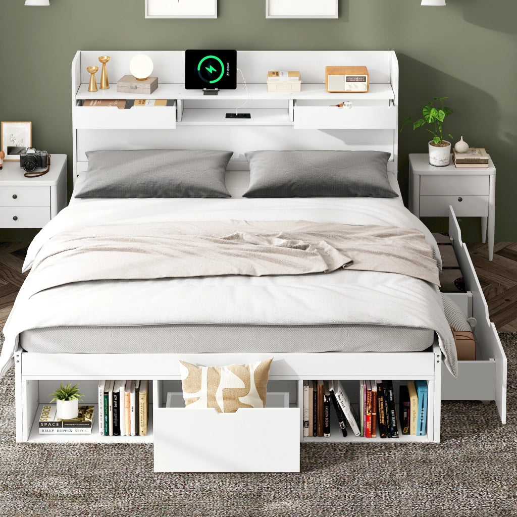 Letto doppio - Zephmum - 140x190cm - Bianco - USB, cassetti, armadio