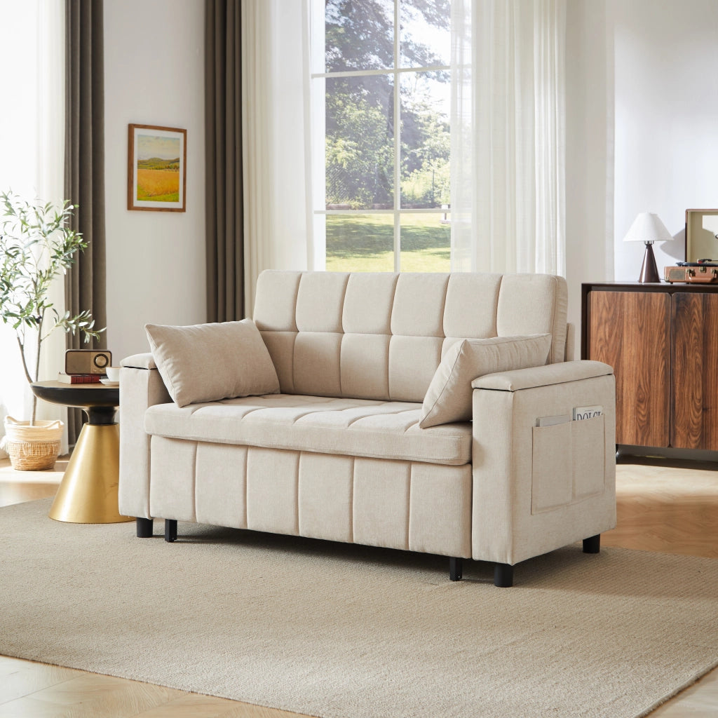 Divano letto convertibile 2 posti con vano nei braccioli e tasche laterali, struttura in metallo, ciniglia beige