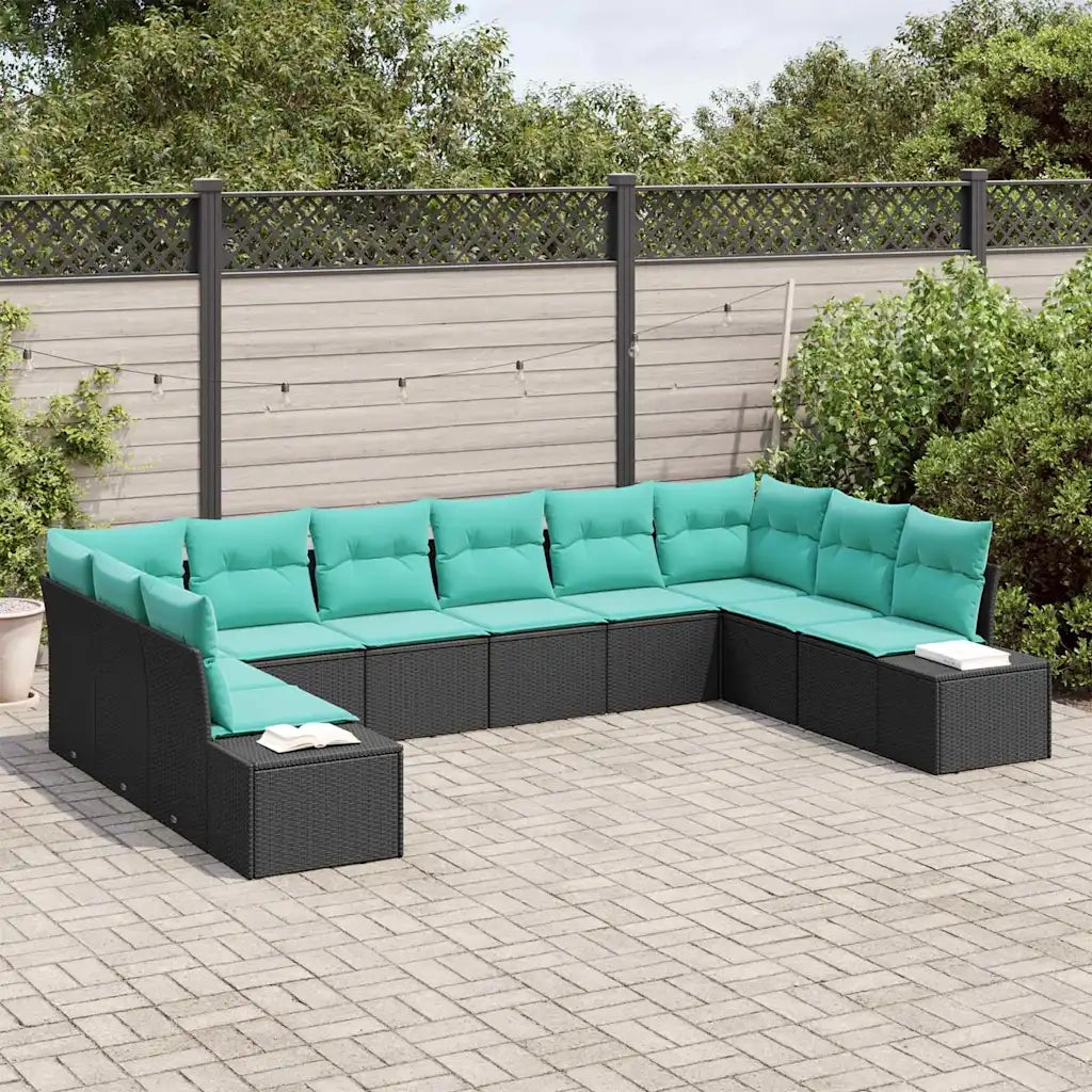Set Divano da Giardino 10 pz 9-Numero di posti Nero e Turchese 3355915