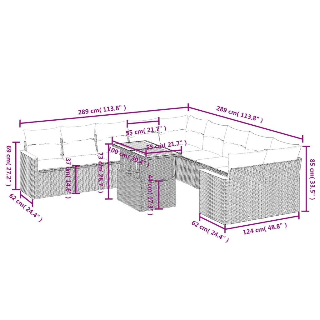 Set Divani da Giardino 11 pz con Cuscini Beige in Polyrattan