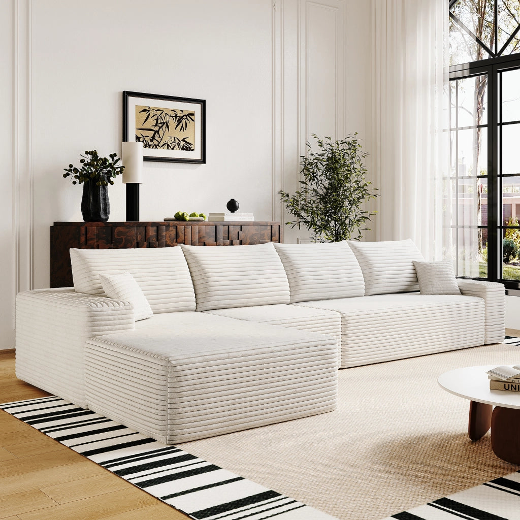 Divano angolare con chaise longue in tessuto a coste bianco, senza attrezzi, per soggiorno 340 × 175 × 83 cm