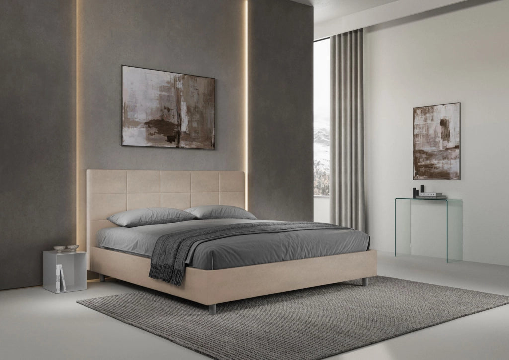 BS COM Letto matrimoniale king size con rete imbottito 180x200 microfibra sabbia