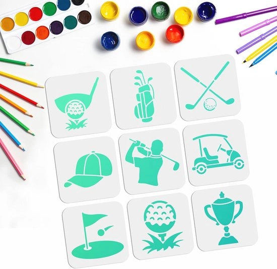 Set di Stencil per Golf - 9 pezzi di stencil riutilizzabili per accessori da golf e pittura creativa