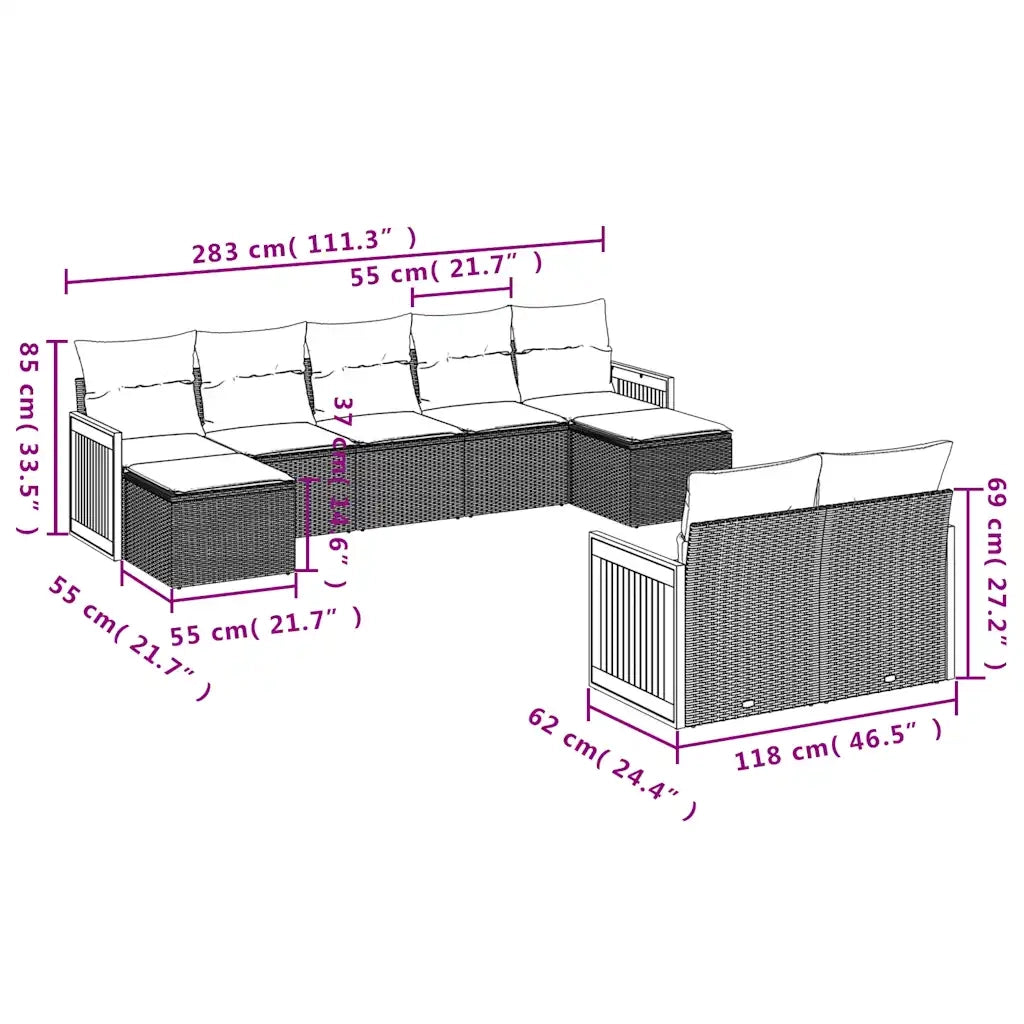 Set Divani da Giardino 9 pz con Cuscini Grigio in Polyrattan 3228084