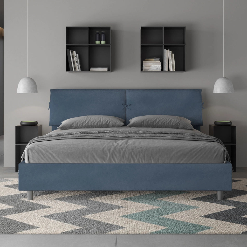 BS COM Letto matrimoniale king size con rete imbottito 180x200 microfibra blu