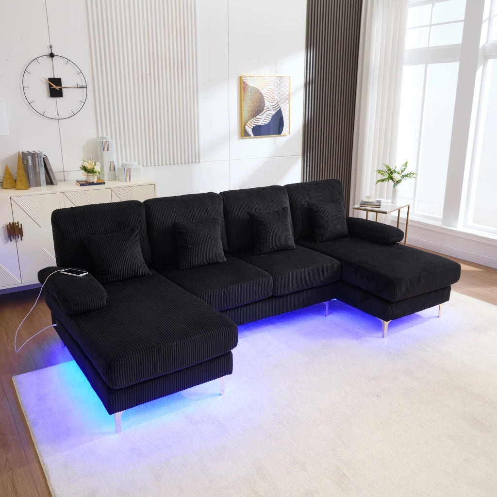 Divano U angolare con LED e USB-C ¨C MINIMAL ¨C Nero, cuscini, struttura in legno massello