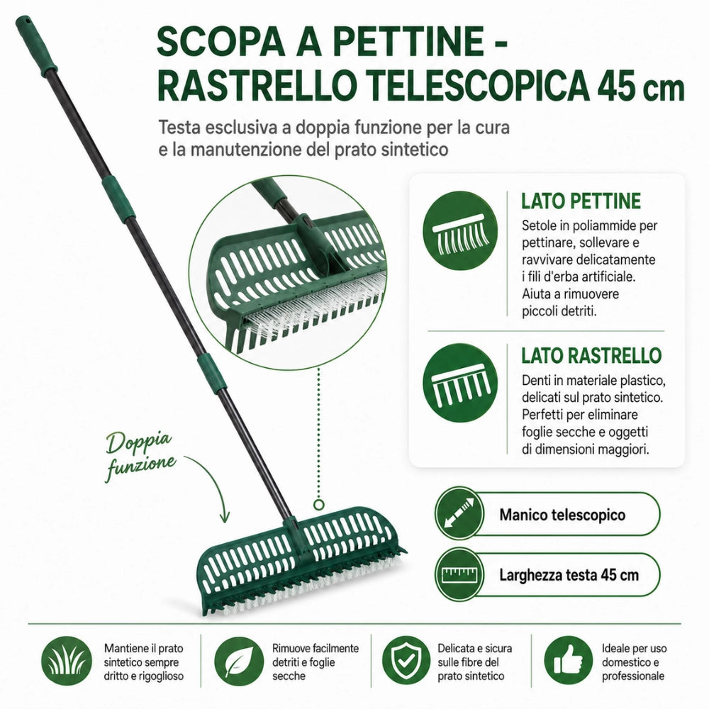Scopa e rastrello telescopico per prato sintetico 45 cm
