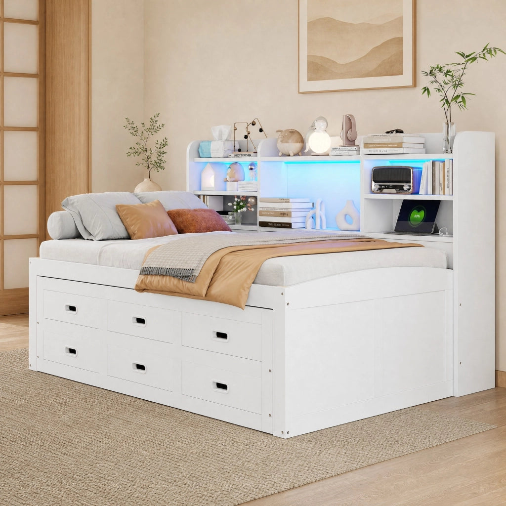 LETTO Estraibile 90x200 cm con LED, 3 Cassetti, Bianco